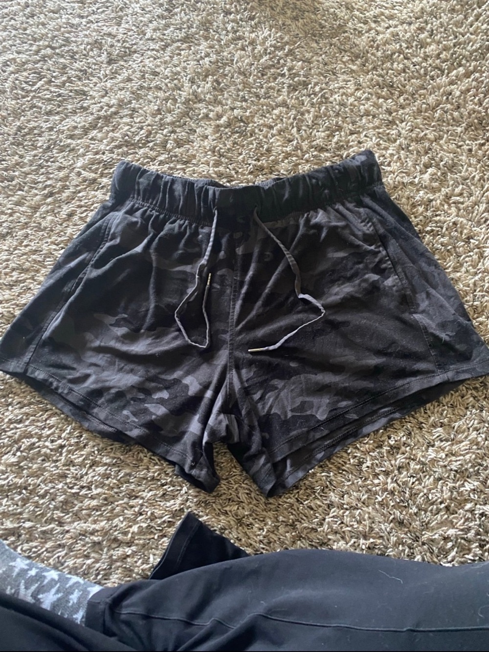 Women’s Black Camouflage Athletic Shorts with Elastic Waist and Drawstring